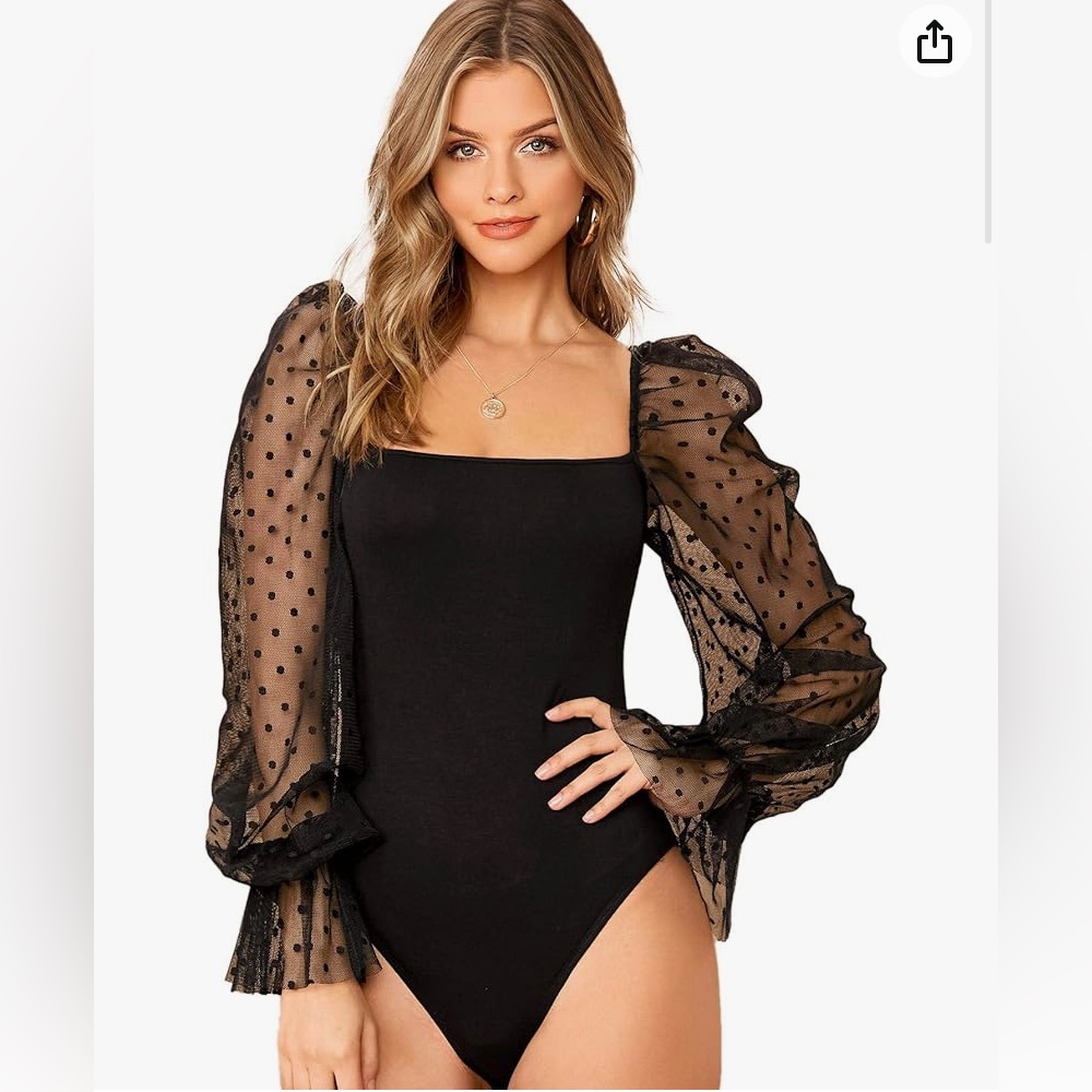*NEVER WORN* Womens Mesh Polka Dot Sleeve Black Bodysuit in Size Large